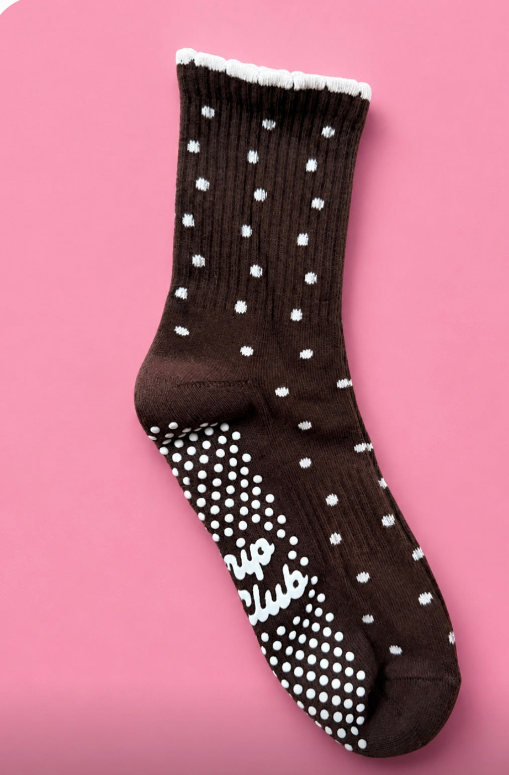 Chocolate polka dot grippy socks