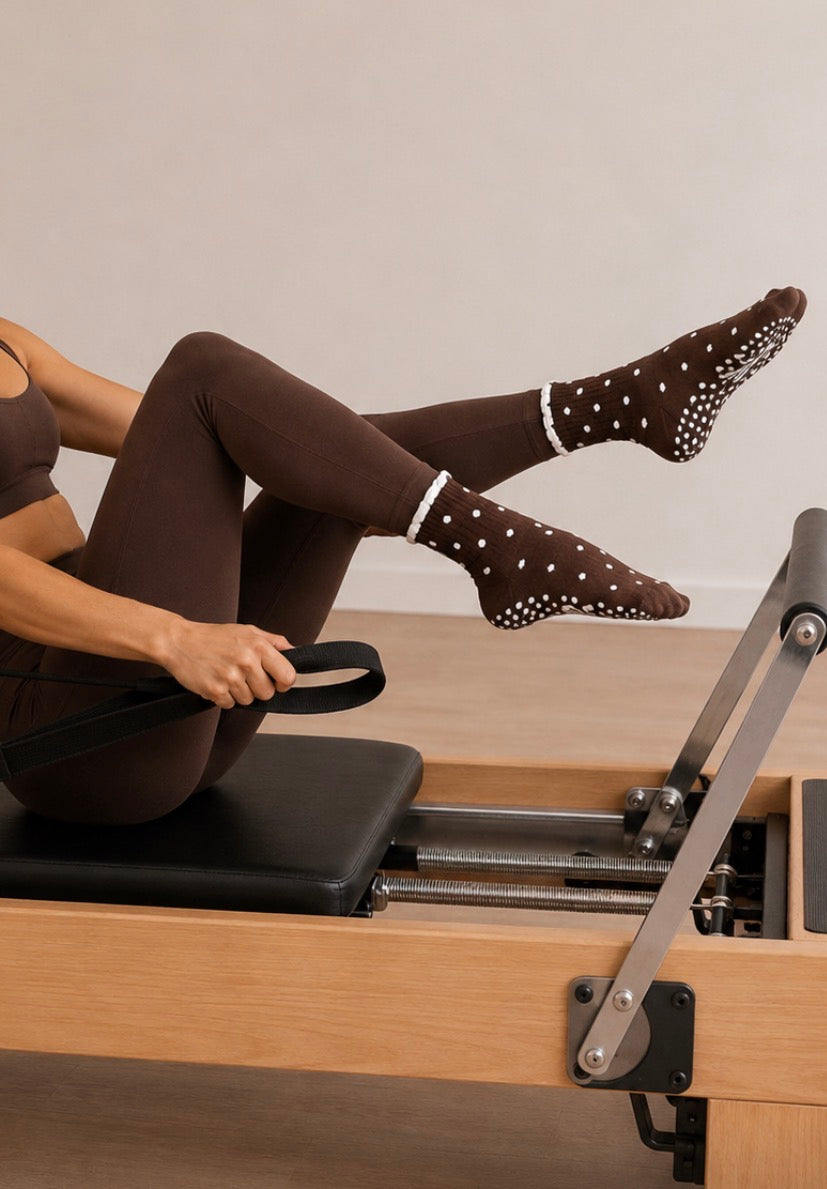 Chocolate polka dot grippy socks