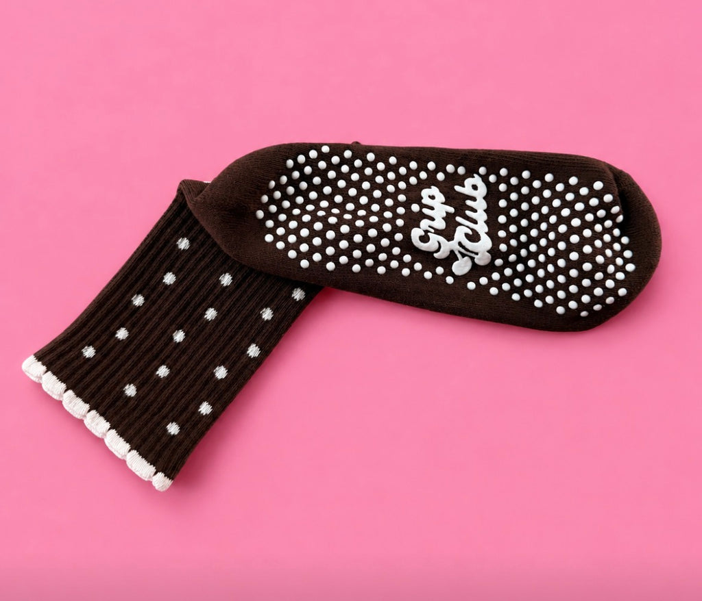 Chocolate polka dot grippy socks