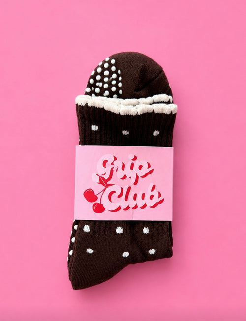 Chocolate polka dot grippy socks